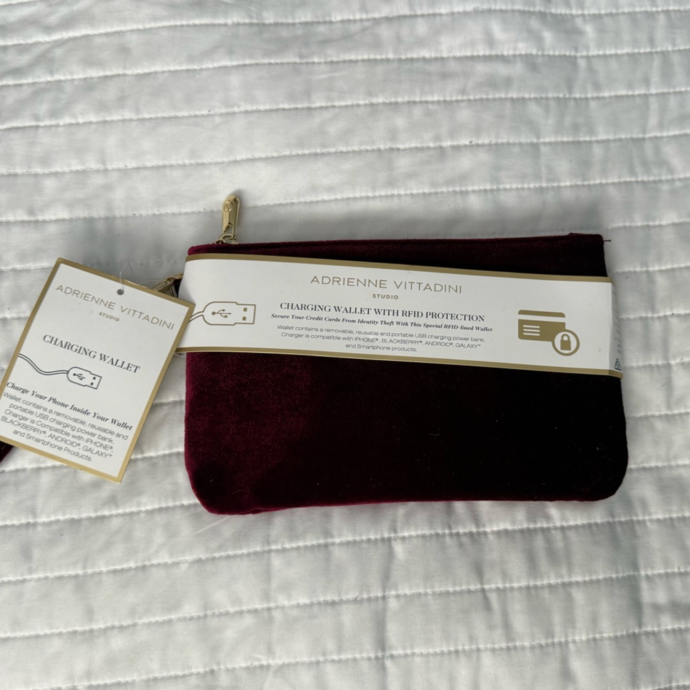 Adrienne Vittadini Deep Red Velvet clutch charging wallet
